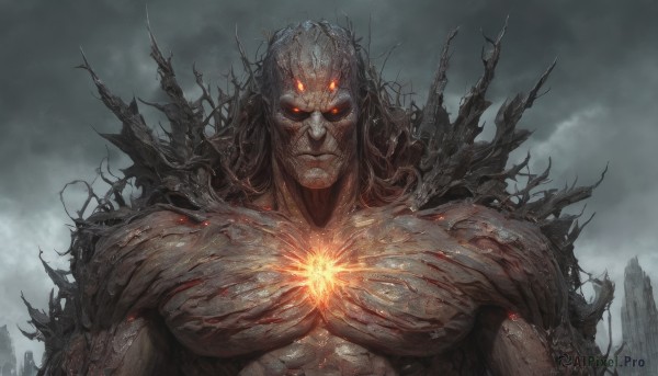 solo,long hair,looking at viewer,red eyes,1boy,closed mouth,upper body,male focus,outdoors,sky,cloud,muscular,glowing,abs,cloudy sky,muscular male,glowing eyes,colored sclera,veins,monster,black sclera,giant,grey skin,alien,artist name,no humans,spikes