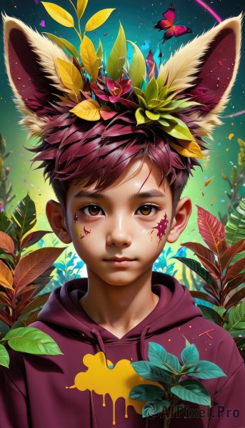 solo,looking at viewer,short hair,brown hair,1boy,animal ears,brown eyes,closed mouth,upper body,pink hair,flower,male focus,artist name,hood,rabbit ears,lips,fox ears,hoodie,leaf,facial mark,hood down,bug,plant,butterfly,extra ears,nose,drawstring,facepaint,male child,purple hoodie,hair ornament,cat ears,hair flower,gradient,watermark,scar,scar on face,dirty,paint