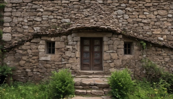 outdoors,day,tree,no humans,window,traditional media,grass,plant,building,scenery,stairs,door,road,bush,wall,house,brick wall,stone wall,brick,path,chimney