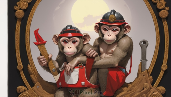 looking at viewer,smile,red eyes,1boy,hat,holding,brown eyes,closed mouth,weapon,male focus,multiple boys,sword,2boys,animal,helmet,topless male,red pants,monkey,solo,sitting,no humans