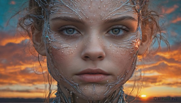 A female portrayed in a vivid sunset outdoors