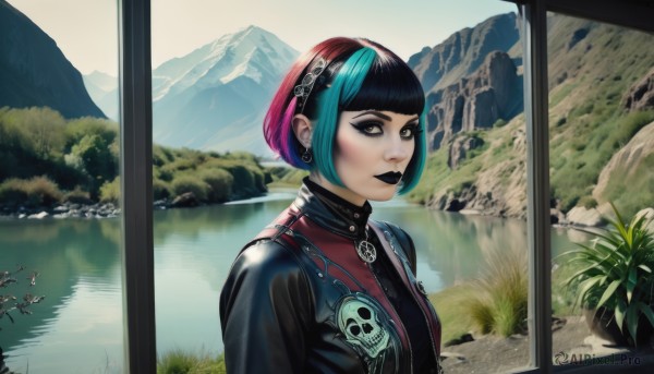 1girl,solo,looking at viewer,short hair,bangs,black hair,brown eyes,jewelry,closed mouth,blue hair,jacket,upper body,multicolored hair,hairband,earrings,day,indoors,blunt bangs,water,two-tone hair,streaked hair,window,makeup,piercing,bob cut,grass,plant,lipstick,ear piercing,eyeshadow,reflection,skull,mountain,eyeliner,river,mascara,gothic,black lips,pink hair,green hair,lips,eyelashes,aqua hair,scenery,zipper,nose,leather,leather jacket