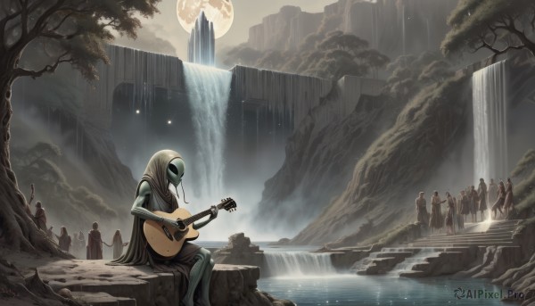 1girl,solo,long hair,sitting,outdoors,sky,signature,water,tree,night,moon,instrument,scenery,full moon,fantasy,music,guitar,playing instrument,holding instrument,waterfall,fog,lute (instrument),multiple girls,multiple boys,hood,mask,cloak,6+boys,rock,cliff