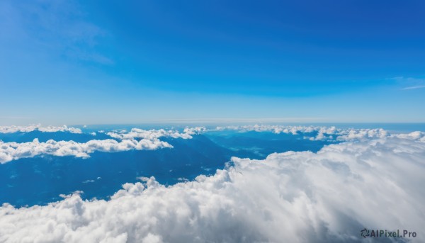 monochrome,outdoors,sky,day,cloud,blue sky,no humans,ocean,cloudy sky,scenery,blue theme,mountain,horizon,landscape,mountainous horizon,above clouds,water