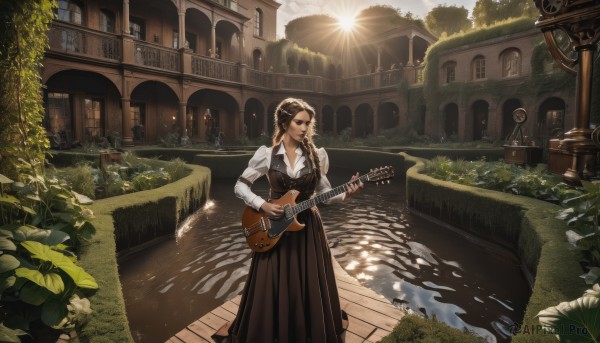 1girl,solo,long hair,breasts,looking at viewer,skirt,brown hair,shirt,black hair,long sleeves,dress,holding,standing,white shirt,braid,outdoors,sky,day,water,vest,black dress,twin braids,tree,window,sunlight,grass,plant,building,instrument,scenery,hair over shoulder,reflection,light rays,stairs,sign,music,sun,guitar,bush,architecture,sunbeam,house,bridge,playing instrument,holding instrument,river,arch,pond,fountain,hair ornament,brown eyes,jewelry,long skirt,black vest