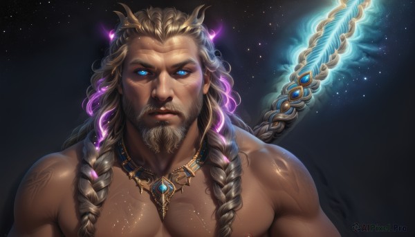 solo,long hair,looking at viewer,blue eyes,blonde hair,brown hair,1boy,jewelry,nipples,upper body,braid,male focus,multicolored hair,shiny,dark skin,necklace,twin braids,tattoo,muscular,glowing,facial hair,scar,dark-skinned male,thick eyebrows,pectorals,muscular male,polearm,staff,portrait,bara,glowing eyes,beard,large pectorals,topless male,mature male,realistic,mustache,dreadlocks,multiple braids,nude,wings,horns,scar on face,close-up,scar across eye,chest hair