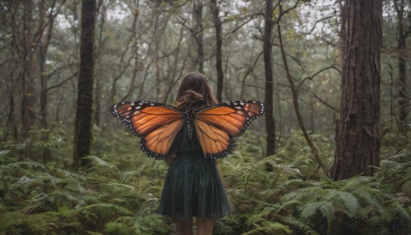 1girl, solo, brown hair, dress, standing, outdoors, wings, from behind, black dress, tree, nature, scenery, forest, facing away, fairy, butterfly wings