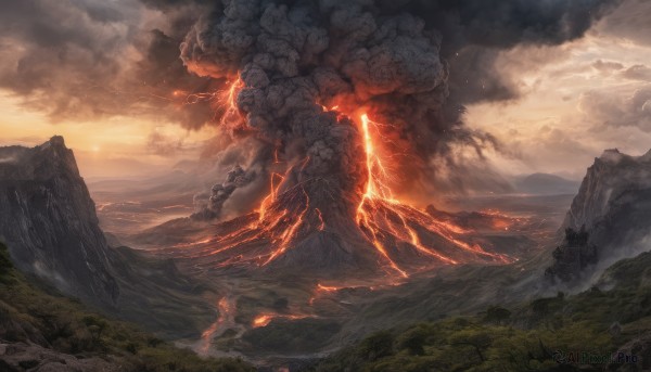 outdoors, sky, cloud, no humans, cloudy sky, fire, nature, scenery, mountain, landscape, molten rock