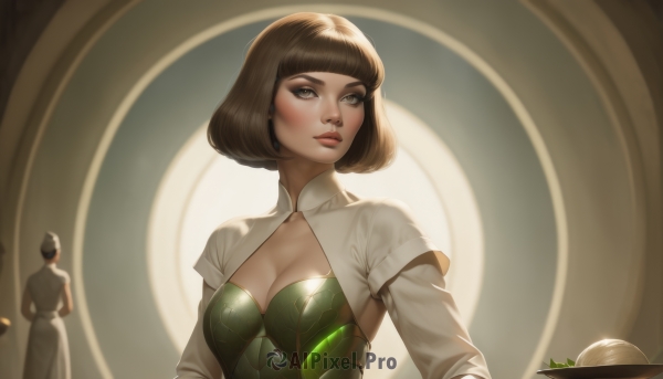 1girl,breasts,looking at viewer,short hair,bangs,multiple girls,brown hair,black hair,long sleeves,1boy,dress,2girls,cleavage,brown eyes,jewelry,medium breasts,closed mouth,upper body,earrings,food,solo focus,artist name,indoors,blunt bangs,blurry,lips,grey eyes,clothing cutout,makeup,cleavage cutout,bob cut,nose,shrug (clothing),red lips,blush,short sleeves,eyelashes,backlighting,freckles,high collar,realistic