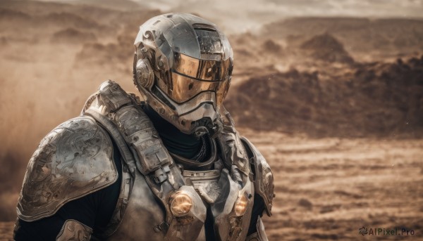 solo,1boy,upper body,male focus,outdoors,armor,blurry,blurry background,helmet,shoulder armor,1other,science fiction,pauldrons,breastplate,knight,full armor,ambiguous gender,desert,dust,helm,1girl,sky,cloud,water,ocean,mountain,sepia,power armor