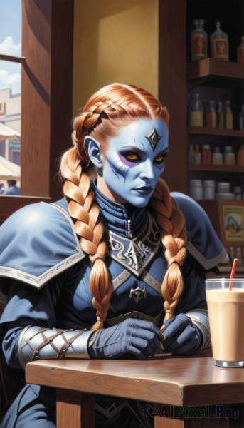 1girl,solo,long hair,breasts,gloves,sitting,yellow eyes,braid,artist name,indoors,orange hair,armor,twin braids,cup,lips,makeup,capelet,colored skin,scar,chair,facial mark,table,bottle,lipstick,hair over shoulder,colored sclera,drinking straw,nose,blue skin,black sclera,bar (place),whiskey,looking at viewer,closed mouth,upper body,day,window,shoulder armor,pauldrons,blue gloves,facepaint,facial tattoo,hair pulled back,yellow sclera