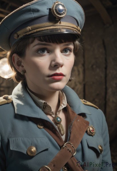 1girl,solo,looking at viewer,short hair,bangs,blue eyes,brown hair,shirt,black hair,hat,jewelry,closed mouth,jacket,upper body,earrings,parted lips,collared shirt,belt,blurry,uniform,black eyes,lips,grey eyes,military,military uniform,buttons,depth of field,blurry background,blue jacket,brooch,peaked cap,blue headwear,freckles,military hat,realistic,nose,red lips,badge,medal,lipstick,world war ii