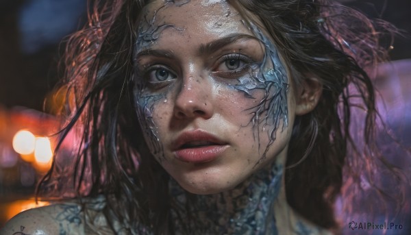 1girl,solo,long hair,looking at viewer,brown hair,black hair,parted lips,teeth,blurry,black eyes,lips,grey eyes,tattoo,depth of field,blurry background,portrait,freckles,science fiction,realistic,nose,red lips,blue eyes,eyelashes,close-up,scales