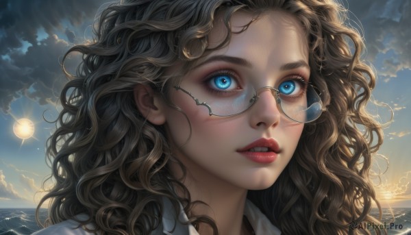 1girl,solo,long hair,looking at viewer,blue eyes,brown hair,shirt,white shirt,outdoors,parted lips,sky,glasses,teeth,collared shirt,cloud,water,lips,eyelashes,makeup,ocean,wavy hair,sunlight,cloudy sky,lipstick,messy hair,portrait,semi-rimless eyewear,close-up,backlighting,freckles,curly hair,sunset,realistic,nose,round eyewear,sun,red lips,looking afar,rimless eyewear,sunrise,grey-framed eyewear,blush,black hair,day,floating hair,wind,under-rim eyewear,horizon