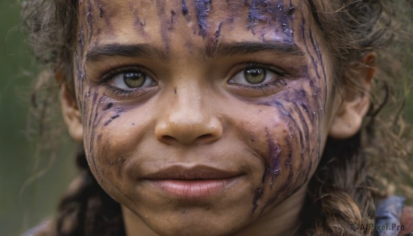 1girl,solo,looking at viewer,smile,blonde hair,brown hair,1boy,brown eyes,closed mouth,green eyes,braid,male focus,artist name,signature,blurry,lips,portrait,close-up,realistic,nose,long hair,twin braids,eyelashes,freckles,dirty,mole on cheek