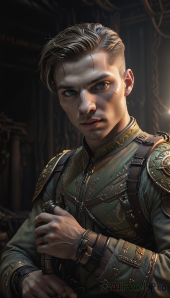 solo,looking at viewer,short hair,blue eyes,brown hair,long sleeves,1boy,holding,jewelry,closed mouth,upper body,weapon,grey hair,male focus,indoors,holding weapon,armor,mole,blurry,lips,gun,blurry background,facial hair,ring,realistic,dirty,dirty face,scar,knife,serious,very short hair,leather,undercut