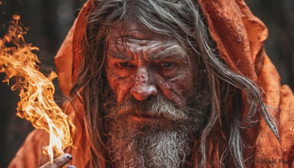 solo,long hair,looking at viewer,1boy,holding,closed mouth,upper body,weapon,white hair,grey hair,male focus,hood,blurry,facial hair,scar,fire,portrait,beard,scar on face,hood up,realistic,old,old man,flame,wrinkled skin,wizard,nail polish,black eyes,grey eyes,black nails,mustache,burning,red hood