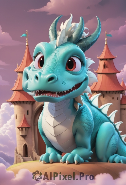 solo,open mouth,red eyes,brown eyes,tail,outdoors,horns,sky,teeth,cloud,no humans,fangs,cloudy sky,sharp teeth,building,claws,dragon,scales,castle,tower,full body,flag