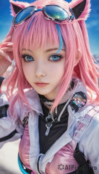 1girl,solo,long hair,breasts,looking at viewer,bangs,blue eyes,long sleeves,animal ears,closed mouth,blue hair,jacket,upper body,pink hair,multicolored hair,outdoors,sky,choker,day,cat ears,hand up,nail polish,two-tone hair,blue sky,lips,streaked hair,eyelashes,makeup,sunglasses,goggles,eyewear on head,pink nails,eyeshadow,zipper,goggles on head,pink lips,zipper pull tab,mascara,medium breasts,blurry,fingernails,realistic,nose,badge