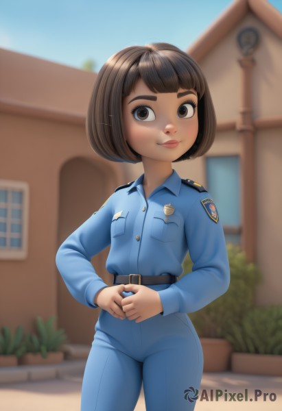 1girl,solo,looking at viewer,smile,short hair,bangs,brown hair,shirt,long sleeves,brown eyes,closed mouth,standing,cowboy shot,outdoors,sky,day,collared shirt,belt,pants,dark skin,blunt bangs,blurry,uniform,dark-skinned female,blue sky,lips,blurry background,bob cut,thick eyebrows,own hands together,blue shirt,building,pocket,black belt,blue pants,badge,police,police uniform,policewoman,military,military uniform,denim,breast pocket