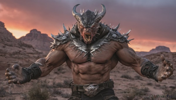 solo,looking at viewer,red eyes,gloves,1boy,navel,jewelry,nipples,upper body,male focus,outdoors,horns,sky,teeth,belt,pants,dark skin,armor,muscular,glowing,scar,abs,dark-skinned male,helmet,pectorals,muscular male,shoulder armor,gauntlets,bara,glowing eyes,spikes,large pectorals,veins,pauldrons,topless male,sunset,mountain,furry male,manly,leather,chest hair,biceps,tusks,thick arms,leather belt,veiny arms,open mouth,fingerless gloves,fangs,outstretched arms,sharp teeth,skull,monster,open hands,demon