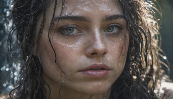 1girl, solo, long hair, looking at viewer, black hair, green eyes, parted lips, blurry, lips, eyelashes, blurry background, messy hair, portrait, close-up, realistic, nose