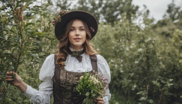 1girl,solo,long hair,looking at viewer,smile,brown hair,shirt,long sleeves,hat,dress,holding,brown eyes,white shirt,upper body,flower,outdoors,parted lips,day,puffy sleeves,blurry,lips,black headwear,blurry background,drill hair,plant,juliet sleeves,nature,bouquet,realistic,hat flower,blue eyes,blonde hair,vest,depth of field,brooch,holding flower,hat feather