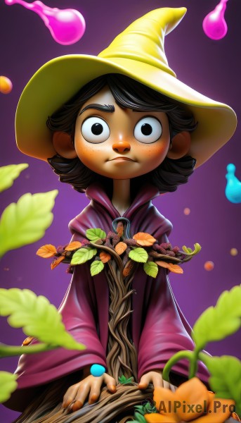 1girl,solo,looking at viewer,short hair,brown hair,black hair,long sleeves,hat,flower,blurry,black eyes,gradient,gradient background,witch hat,leaf,plant,child,freckles,purple background,robe,branch,witch,wizard hat,1boy,brown eyes,male focus,nail polish,fingernails,watermark,web address,nose,mushroom,wizard