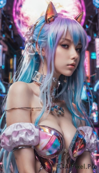 1girl,solo,long hair,breasts,looking at viewer,bangs,blue eyes,large breasts,animal ears,cleavage,bare shoulders,jewelry,medium breasts,closed mouth,blue hair,collarbone,upper body,multicolored hair,earrings,detached sleeves,choker,cat ears,necklace,blurry,collar,lips,grey eyes,blurry background,fake animal ears,piercing,realistic,nose,hair ornament,sidelocks,gem