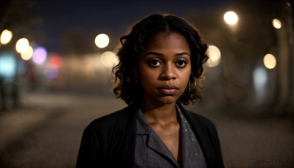 HQ,1girl,solo,looking at viewer,short hair,black hair,brown eyes,jewelry,jacket,upper body,earrings,dark skin,blurry,black eyes,dark-skinned female,lips,black jacket,makeup,depth of field,blurry background,formal,suit,lipstick,freckles,curly hair,hoop earrings,realistic,nose,very dark skin,shirt,collarbone,outdoors,parted lips,night,ground vehicle,motor vehicle,forehead,car,bokeh