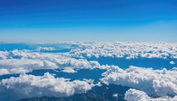 monochrome,outdoors,sky,day,cloud,water,blue sky,no humans,ocean,cloudy sky,building,nature,scenery,blue theme,mountain,horizon,landscape,bird