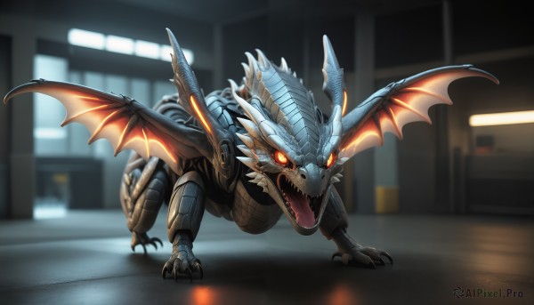 HQ,solo,open mouth,red eyes,tail,full body,wings,horns,teeth,blurry,orange eyes,no humans,blurry background,glowing,fangs,sharp teeth,glowing eyes,claws,spikes,colored sclera,monster,dragon,scales,kaijuu