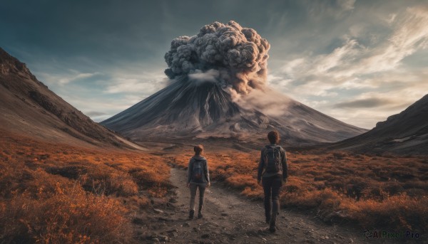 brown hair, black hair, outdoors, multiple boys, sky, cloud, 2boys, bag, dutch angle, backpack, cloudy sky, scenery, walking, mountain, field