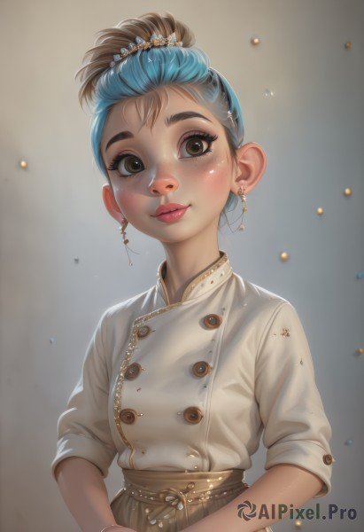 1girl,solo,looking at viewer,blush,smile,short hair,brown hair,shirt,hair ornament,brown eyes,jewelry,closed mouth,blue hair,white shirt,upper body,short sleeves,multicolored hair,earrings,grey background,hair bun,bracelet,two-tone hair,lips,eyelashes,makeup,buttons,single hair bun,thick eyebrows,own hands together,lipstick,freckles,brown skirt,realistic,nose,double-breasted,mascara,artist name,watermark,red lips