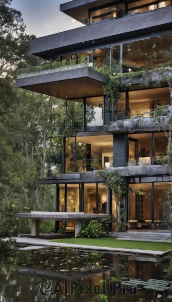 outdoors,sky,day,cloud,water,tree,no humans,window,grass,plant,building,nature,scenery,reflection,stairs,road,house,overgrown,real world location,blue sky,door,railing,bush