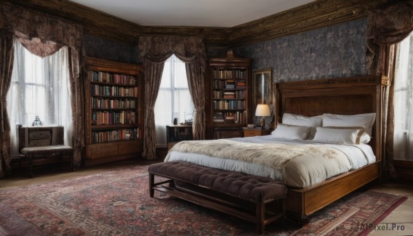 day,indoors,pillow,book,no humans,window,bed,on bed,chair,table,sunlight,curtains,scenery,couch,wooden floor,blanket,bookshelf,lamp,bedroom,carpet,rug,cabinet,canopy bed,bed sheet,desk