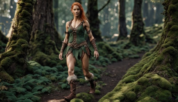 1girl,solo,long hair,breasts,looking at viewer,brown hair,dress,cleavage,medium breasts,green eyes,standing,braid,boots,outdoors,belt,orange hair,blurry,tree,fur trim,brown footwear,nature,armband,armlet,forest,realistic,blue eyes,weapon,red hair