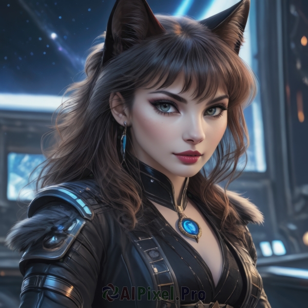 1girl,solo,long hair,breasts,looking at viewer,smile,bangs,blue eyes,brown hair,black hair,animal ears,cleavage,jewelry,medium breasts,closed mouth,jacket,upper body,earrings,artist name,cat ears,mole,blurry,lips,grey eyes,fur trim,eyelashes,makeup,night,depth of field,blurry background,wavy hair,lipstick,gem,eyeshadow,freckles,realistic,nose,red lips,green eyes,choker,signature,necklace,armor,thick eyebrows,pendant,eyeliner