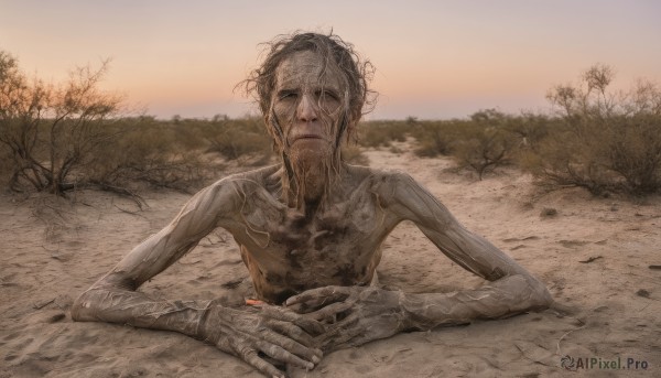 solo,looking at viewer,black hair,1boy,upper body,male focus,outdoors,tree,no humans,own hands together,messy hair,horror (theme),lying,sky,on stomach,monster,death,wrinkled skin