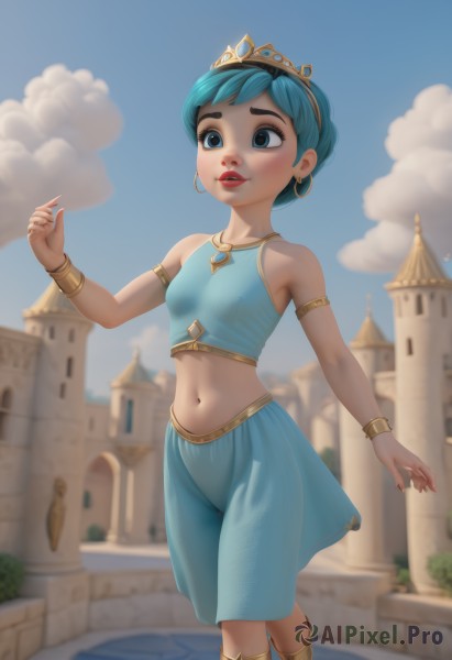 1girl,solo,breasts,smile,short hair,blue eyes,skirt,shirt,navel,bare shoulders,jewelry,blue hair,standing,earrings,small breasts,outdoors,parted lips,sky,sleeveless,day,midriff,cloud,hand up,necklace,stomach,blurry,bracelet,blue sky,lips,blue skirt,crop top,see-through,aqua hair,makeup,depth of field,blurry background,feet out of frame,cloudy sky,tiara,blue shirt,lipstick,building,gem,armlet,hoop earrings,red lips,castle,dancer,arabian clothes,harem pants,blush,covered nipples