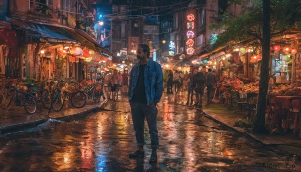 jacket, outdoors, multiple boys, solo focus, pants, dutch angle, night, ground vehicle, building, scenery, motor vehicle, walking, rain, 6+boys, lantern, city, sign, hands in pockets, road, lamppost, street, paper lantern, bicycle, puddle, neon lights, pavement, vanishing point