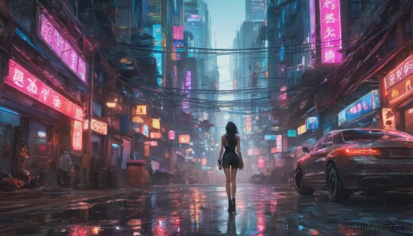 1girl, long hair, black hair, dress, weapon, boots, outdoors, gun, dutch angle, night, ground vehicle, building, scenery, motor vehicle, reflection, science fiction, rain, city, car, road, cityscape, street, puddle, city lights, cyberpunk, neon lights