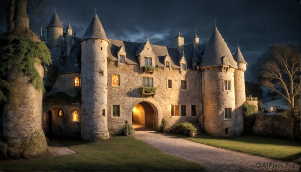 HQ,outdoors,sky,cloud,signature,tree,no humans,window,night,cloudy sky,grass,building,night sky,scenery,fantasy,road,house,bare tree,castle,tower,path,plant,door,bush,wall,fog,church,arch,stone wall,chimney