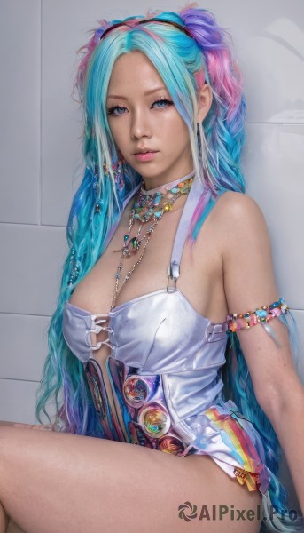 1girl,solo,long hair,breasts,looking at viewer,blue eyes,hair ornament,dress,cleavage,bare shoulders,twintails,jewelry,medium breasts,sitting,very long hair,blue hair,pink hair,thighs,multicolored hair,earrings,parted lips,choker,necklace,two-tone hair,lips,aqua hair,makeup,crossed legs,gem,armlet,realistic,nose,against wall,large breasts,braid,artist name,twin braids,eyelashes,corset,forehead