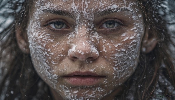 1girl,solo,long hair,looking at viewer,brown hair,brown eyes,closed mouth,water,lips,eyelashes,portrait,snow,close-up,realistic,nose,black hair,1boy,green eyes,male focus,blurry,grey eyes,depth of field