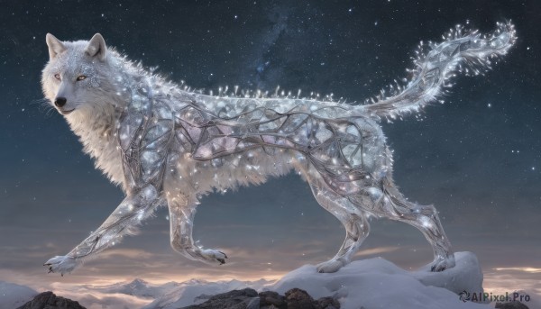 solo,tail,full body,outdoors,sky,orange eyes,no humans,night,animal,star (sky),night sky,claws,snow,starry sky,mountain,wolf,yellow eyes,cloud,signature,from side,scenery,snowing,fantasy,winter,sunrise