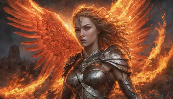 1girl,solo,long hair,breasts,looking at viewer,blue eyes,blonde hair,brown hair,medium breasts,upper body,parted lips,wings,sky,armor,lips,floating hair,fire,shoulder armor,feathered wings,pauldrons,circlet,breastplate,realistic,angel,castle,red wings,outdoors,orange hair,orange eyes,fantasy,embers,burning,fiery hair