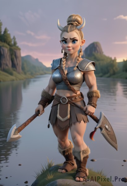 1girl,solo,long hair,breasts,looking at viewer,blush,blue eyes,skirt,blonde hair,navel,holding,jewelry,medium breasts,standing,full body,weapon,braid,thighs,earrings,boots,outdoors,horns,pointy ears,midriff,belt,water,hair bun,holding weapon,armor,blurry,twin braids,lips,fur trim,muscular,toes,brown footwear,thick thighs,abs,sandals,single hair bun,thick eyebrows,grass,shoulder armor,freckles,toned,pauldrons,sunset,breastplate,muscular female,fake horns,axe,leather,hair pulled back,river,lake,holding axe,leather boots,artist name,tree,polearm,between breasts,rock,mountain,nose,leg warmers,strap between breasts,battle axe