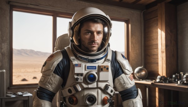 solo,looking at viewer,brown hair,black hair,1boy,brown eyes,upper body,male focus,indoors,armor,window,facial hair,helmet,science fiction,realistic,pilot suit,spacesuit,astronaut,planet,dirty,earth (planet),american flag,spacecraft,radio,pilot,space helmet