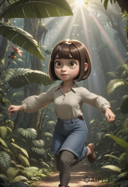 1girl,solo,looking at viewer,short hair,bangs,brown hair,shirt,long sleeves,brown eyes,closed mouth,standing,full body,white shirt,pantyhose,boots,outdoors,shoes,shorts,day,puffy sleeves,collared shirt,belt,pants,blunt bangs,tree,lips,black pantyhose,leaf,brown footwear,sunlight,bob cut,standing on one leg,plant,denim,child,nature,clenched hands,forest,walking,blue shorts,denim shorts,running,light rays,female child,shirt tucked in,legwear under shorts,sunbeam,leggings,mushroom,path,bug